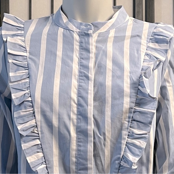 Popsugar Blue Striped Ruffled Top With Moto Collar And Tie - Picture 3 of 13